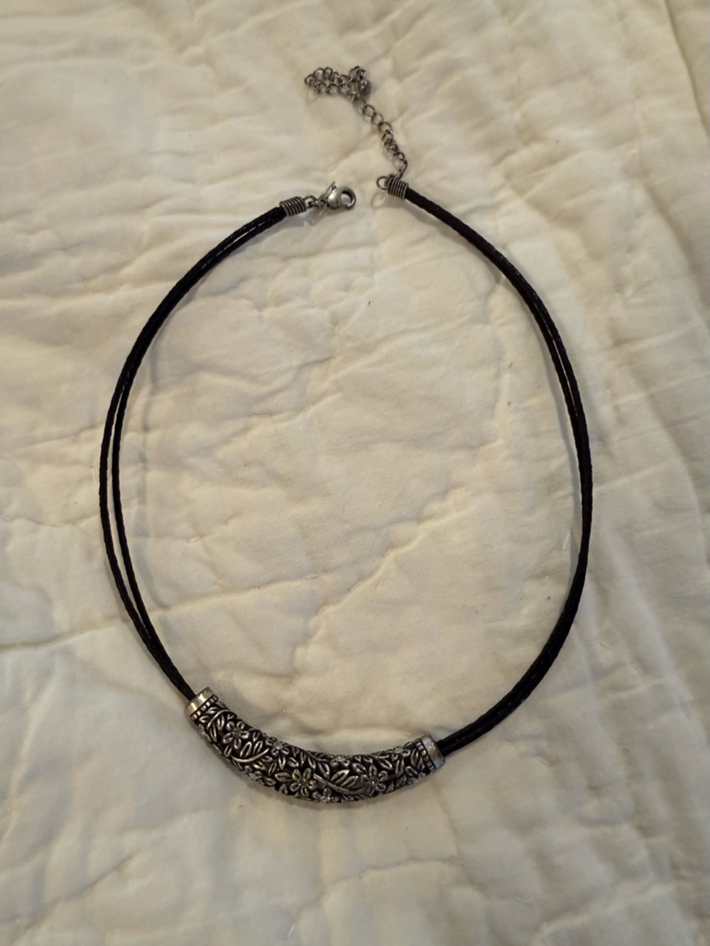 Lia Sophia Black Double-Strand Leather Necklace with Silver Floral Accent